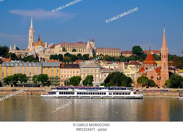 The Capuchin Church (Kapucinus Templom) and in the foreground the Matthias church and the Fishermen's bastion, Halaszbastya, Buda side of the River Danube