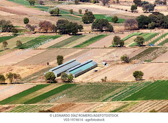 Aereal view of the cultivated fields and greenhouses near Cacaxtla Archaeological site, at Tlaxcala, Mexico