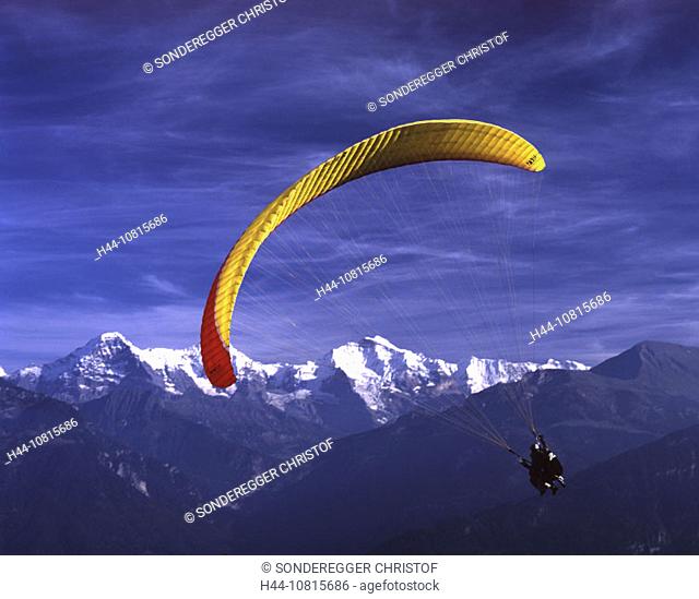 Paraglider, flying, Paragliding, Jungfrau, Monch, Eiger, Bernese Oberland, mountains, Alps, Canton Bern, Berne, Switze