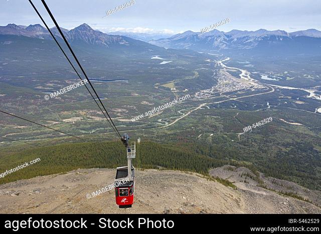 Cable car, view from the top of The Whistlers over the town of Jasper, commercial centre of Jasper National Park, Alberta, Canada, North America