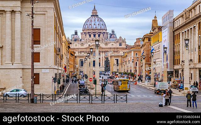 ROME, ITALY, DECEMBER - 2017 - Urban scene at famous via della conciliazinone street which join piazza san pietro with castello san angelo