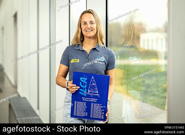 Belgian Sailor Emma Plasschaert poses for the photographer after a press moment with the new world champion of the Laser Radial (Category ILCA 6) class