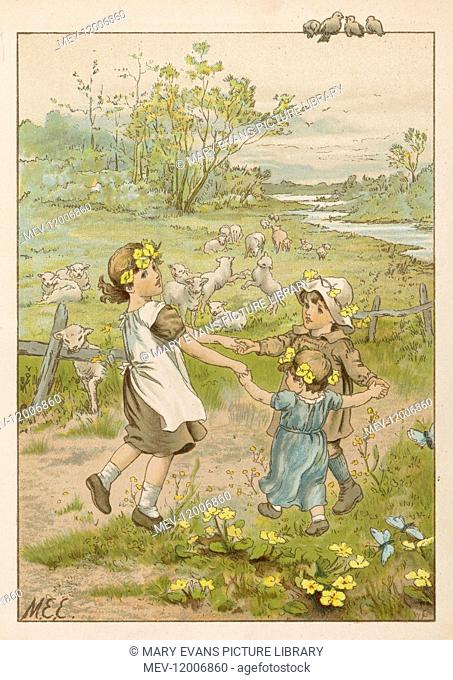 Three little children dance in a ring whilst holding hands, as fluffy lambs frolic in a nearby meadow