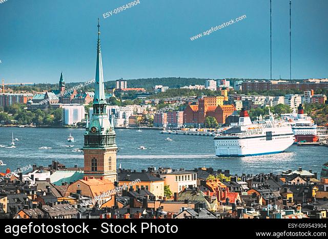 Stockholm, Sweden. Scenic View Of Skyline At Summer Day. Elevated View Of German St Gertrude's Church. Famous Popular Destination