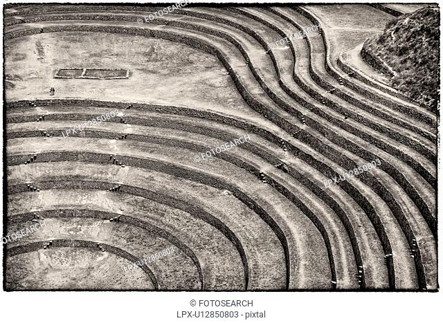 Monochrome aerial detail view of Moray Inca agricultural terraces in large circular patterns, Maras, Sacred Valley, Peru