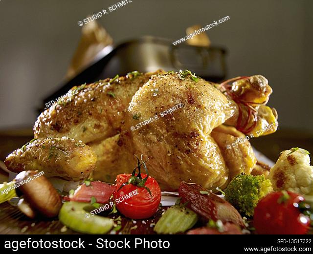 Cornish hen with rhubarb and vegetables