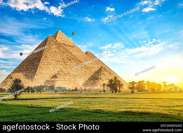Pyramids on green meadow with palm trees at sunrise
