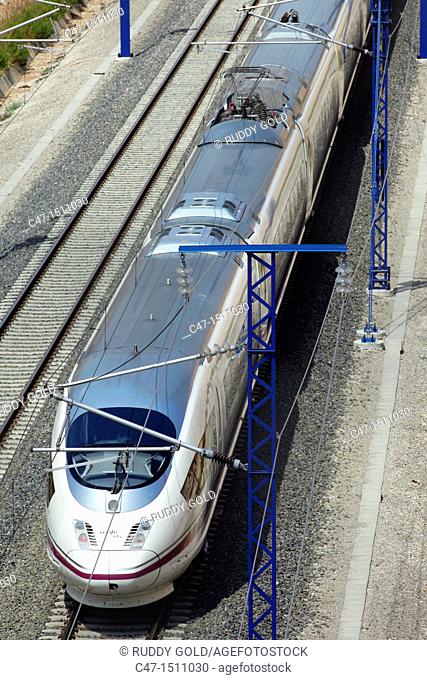 Spain, Catalonia, Lleida province, High Speed train, AVE Series 103 taken near Vinaixa viaduct