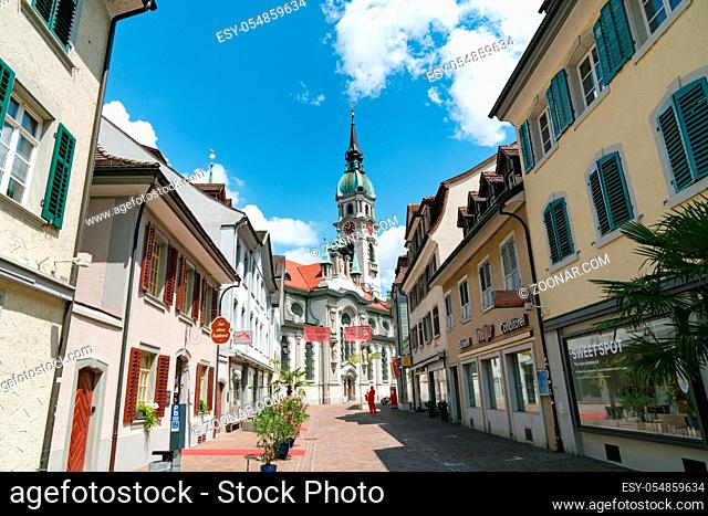 Frauenfeld, TG / Switzerland - 14. July 2019: view of the historic old town with the St. Nikolaus church in the city of Frauenfeld