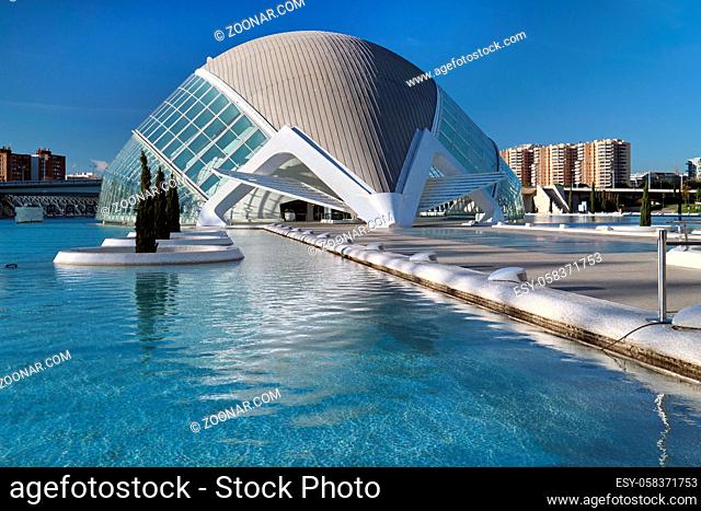 Valencia, Spain - December 22, 2020: Exterior of L Hemisferic, cinema, planetarium and laserium. City of Arts and Sciences. Valencia, Spain