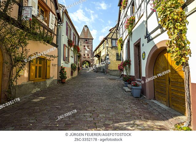 lane of the frame village Ammerschwihr, Alsace, France, old wine village with town gate and tower
