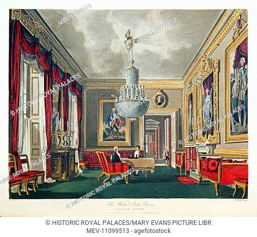 This room served as a waiting room for those attending public levees. It was hung with portraits of the Prince Regent's family