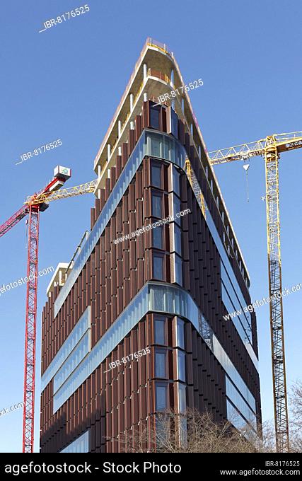 Modern high-end office tower Eclipse, construction site with construction cranes, HPP Architekten, Kennedydamm, Düsseldorf, North Rhine-Westphalia, Germany