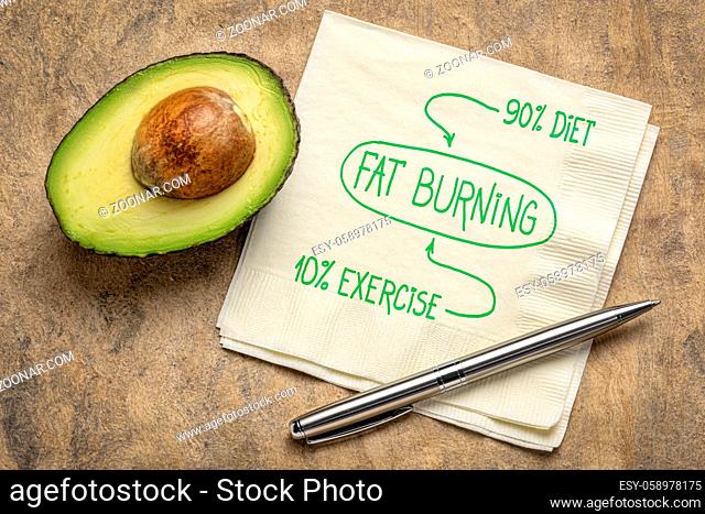 fat burning, diet and exercise concept - handwriting on napkin with avocado, healthy living concept