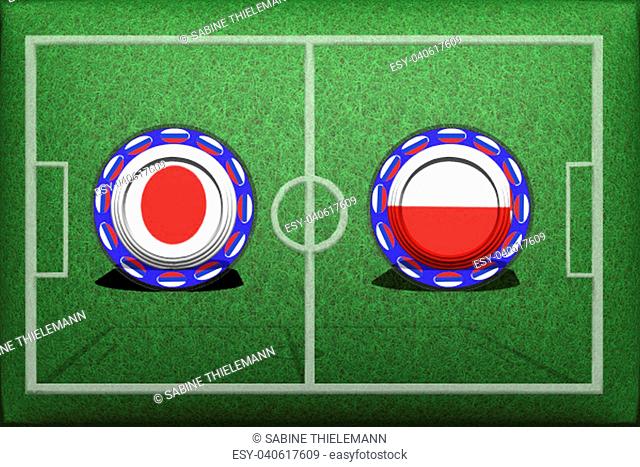 Football, World Cup 2018, Game Group H, Japan - Poland, Thursday, June 28, Button with national flags on the green grass