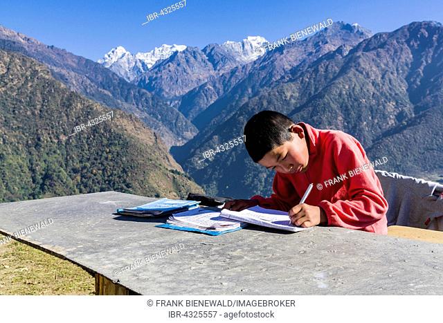 A schoolboy doing his homework outside, high mountains in the distance, Sibuje, Solo Khumbu, Nepal