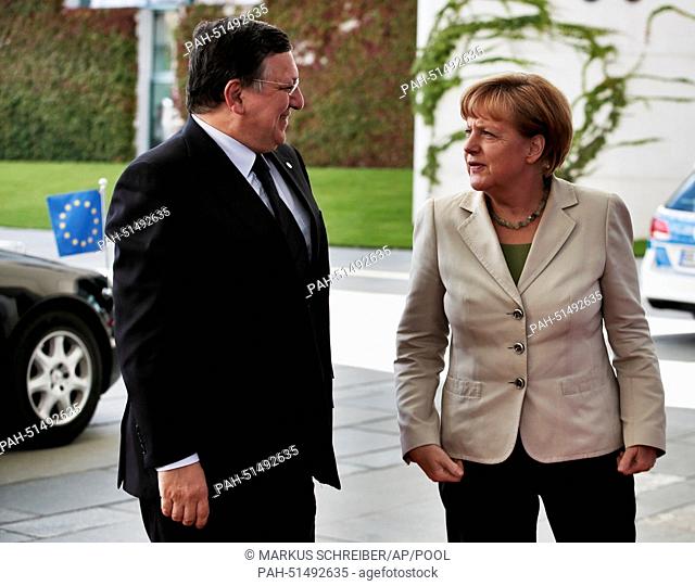 German Chancellor Angela Merkel (CDU) welcomes European Commission President Jose Manuel Barroso for a 'West Balkan Conference' at the chancellery in Berlin
