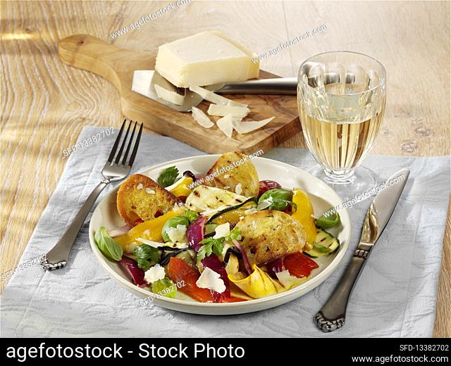 Grilled vegetable salad with ciabatta and parmesan cheese