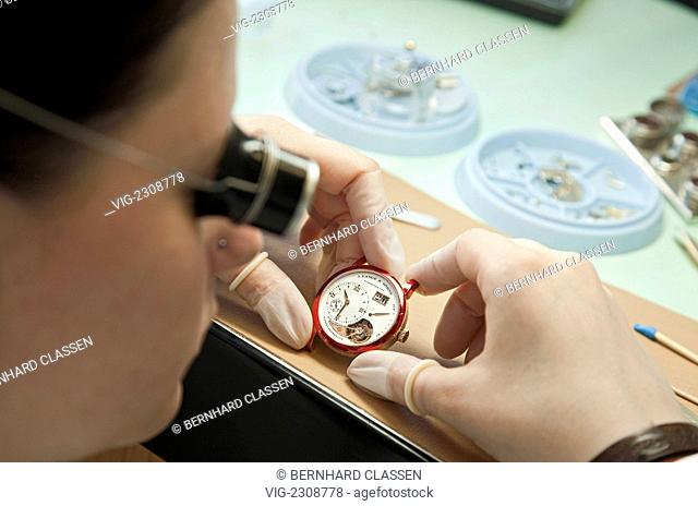 GERMANY, GLASHUETTE, 20.06.2010, Watch manufacture of Lange und Soehne GmbH: final quality control of the model LANGE 1 TOUBILLON, GLASHUETTE, SAXONY, GERMANY