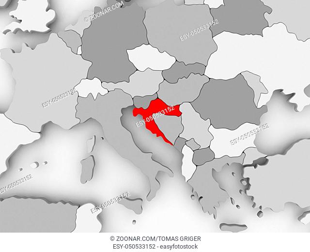 Croatia in red on grey political map. 3D illustration