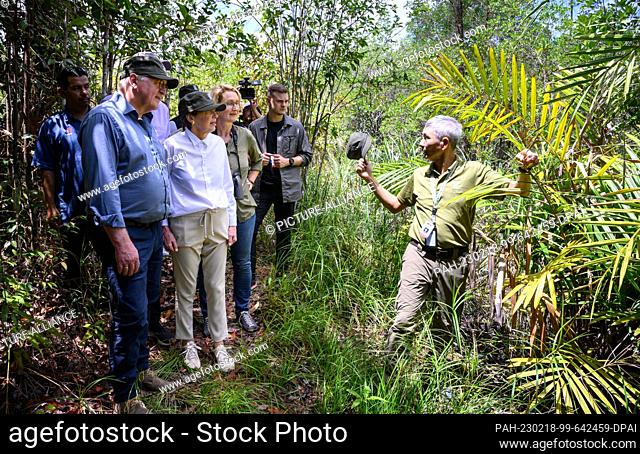 18 February 2023, Malaysia, Kuching: German President Frank-Walter Steinmeier (l-r) and his wife Elke Büdenbender are guided through a jungle in Kuching Wetland...