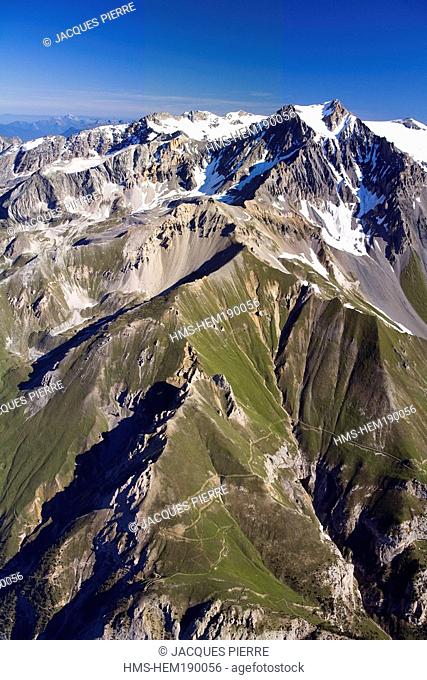 France, Savoie, Maurienne Valley, Vanoise National Park, La Dent Parrachée 3639m and the Vanoise glaciers aerial view