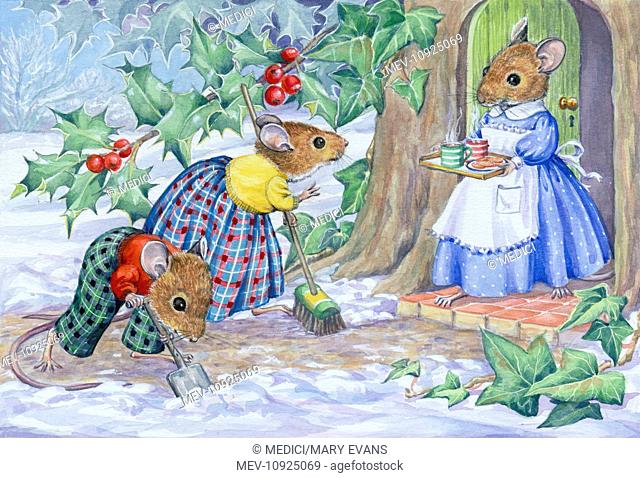 Lady mouse bringing hot drinks to two mice, with shovel and broom, clearing snow in front of her door