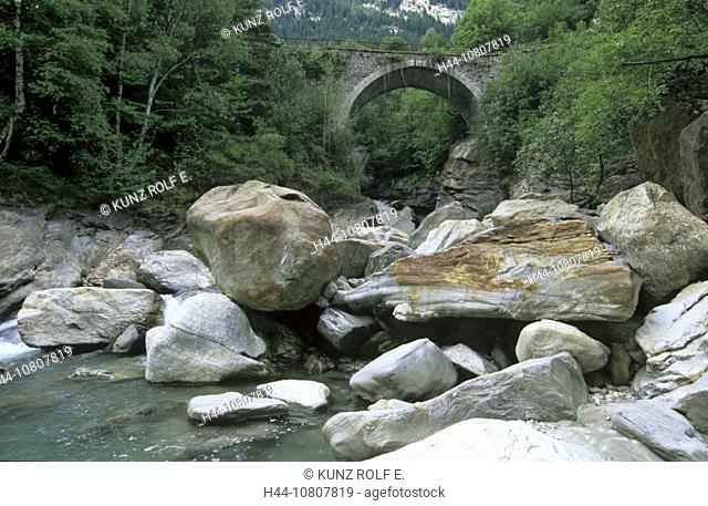 creek, Wildbach, Canton Ticino, rock, Nature, River, River bed, River scenery, Stone bridge, Street bridge to Brusgn