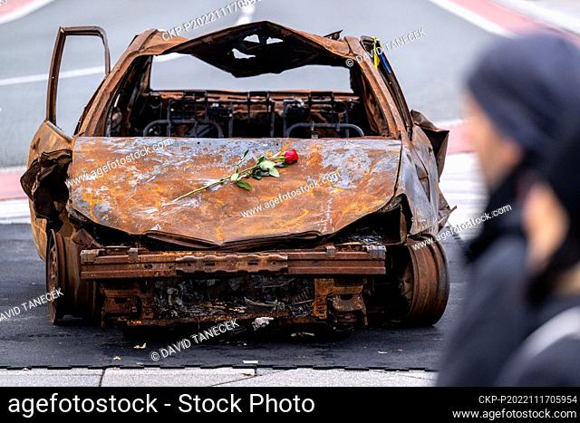 Installation of travelling exhibition of Ukrainian civilian car wreckages destroyed by the the Russian aggressors in Hradec Kralove, Czech Republic, November 17