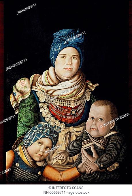 Oluf Braren 1787 - 1839, Künstler, Kunst, naive Malerei, Gemälde, Deutschland, 19  Jahrhundert, Ing Peter Matzen mit Kindern, Mutter, Föhrer Tracht, Trachten