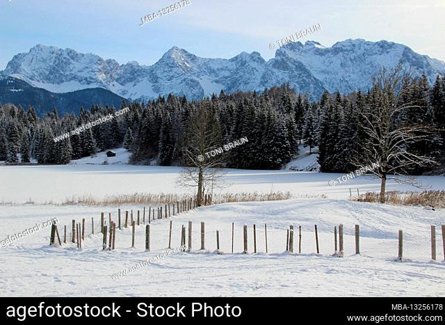 Winter hike near Gerold, near Klais, Europe, Germany, Bavaria, Upper Bavaria, Werdenfels, bathing establishment in winter