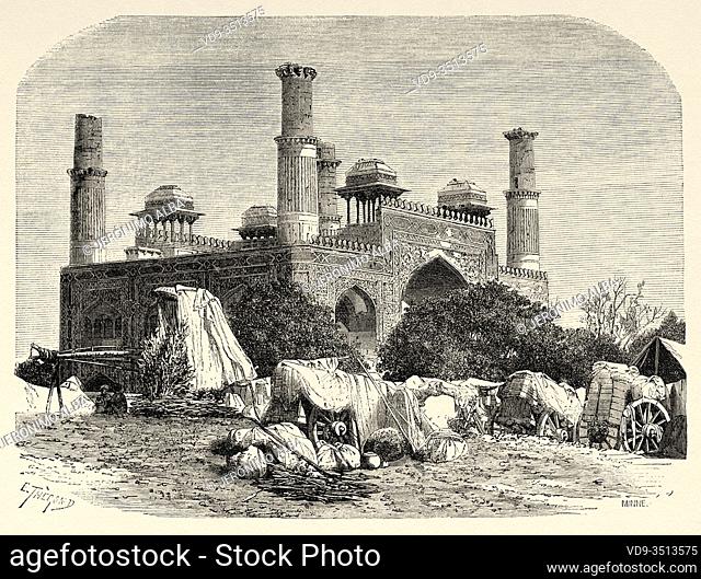 Tomb of the Emperor Akbar at Secundra, Agra. Uttar Pradesh, India. Old engraving illustration from El Mundo en la Mano 1878