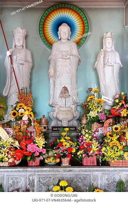 Linh Ung buddhist pagoda. Altar with Buddha statues
