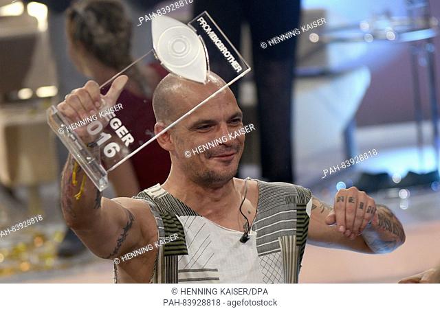 Actor Ben Tewaag celebrates winning the television show 'Promi Big Brother' (lit. Celebrity Big Brother) by commercial broadcaster SAT1 in Cologne, Germany