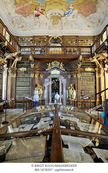Monastery library in Melk Abbey or Stift Melk, UNESCO World Heritage Site, Lower Austria, Austria, Europe