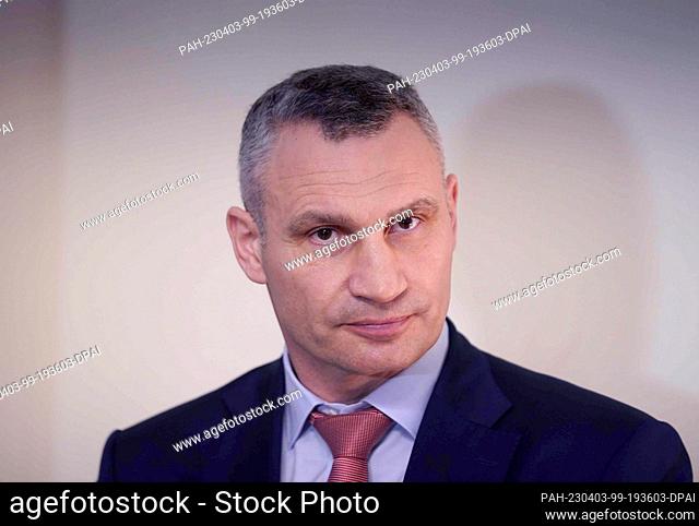 03 April 2023, Hamburg: Vitali Klitschko, mayor of the Ukrainian capital Kiev, stands during a press event at the Chamber of Commerce
