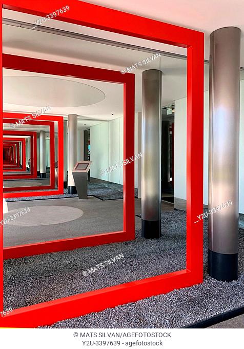 Modern Building with Red Frame to Infinity in Lugano, Switzerland