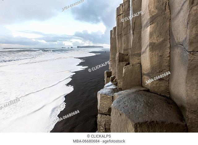 Rock formations at the beach of Reynisfjara, Vik, Sudurland, Iceland, Europe