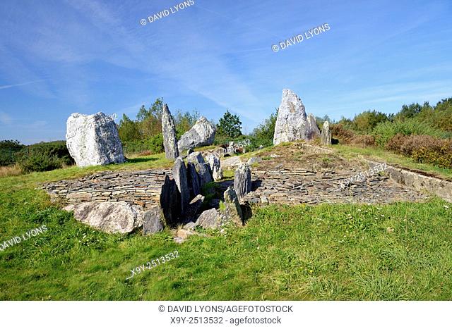 Landes de Cojoux, Saint-Just, Brittany, France. The excavated prehistoric barrow passage grave dolmen of Croix Saint Pierre west
