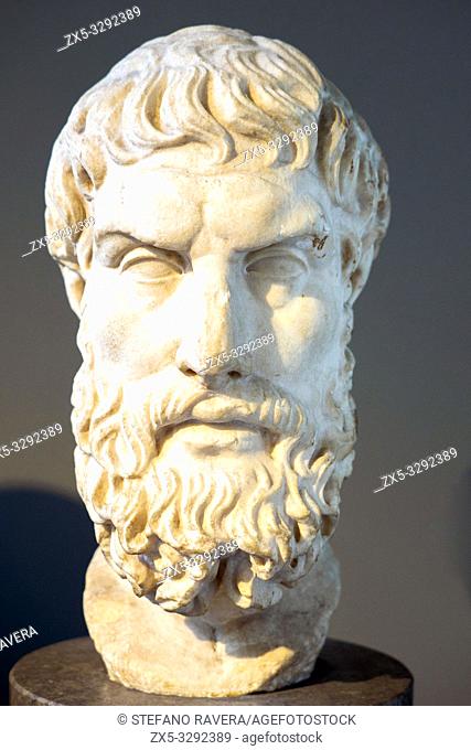 Marble head of Epikouros (c. 342/1 - 271/0 BC) founder of the Epicurean School. Roman copy after a lost Greek original of the third or second century BC