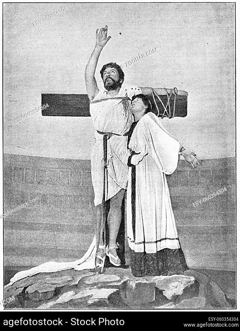 La Martyre (The Martyr) by Jean Richepin. Jean Mounet-Sully as Johannes and Jeanne Julia Bartet as Flammeola. Illustration of the 19th century