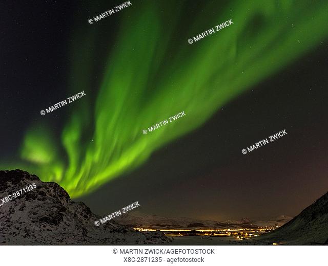 Northern Lights near Leknes, island Vestvagoy. The Lofoten islands in northern Norway during winter. Europe, Scandinavia, Norway, February