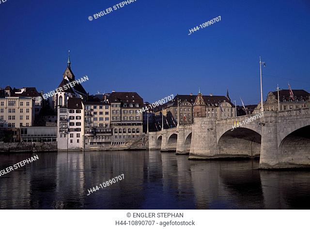 Switzerland, middle bridge, Martin's church, building, construction, bridge, river, flow, Rhine, Basel, Basle, town, city, Old T