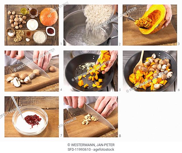 How to prepare rice with pumpkin and mushrooms