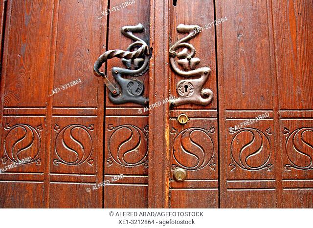 wooden door modernist, Casa Raspall, 1903, architec Joaquim Raspall, La Garriga, Catalonia, Spain