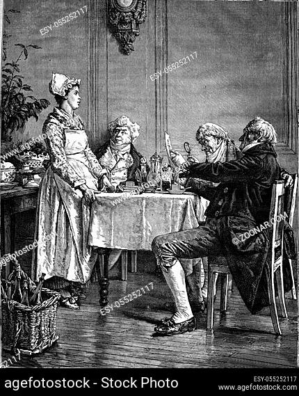 Note payable, painting by Eugene Leroux, vintage engraved illustration. Magasin Pittoresque 1876