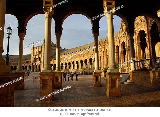 Arched galleries of a neo-renaissance palace in the shape of a semi-circular theatre. Plaza de España. It is located in the María Luisa Park and the square and...
