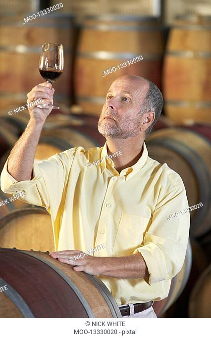 Man wine-tasting aside wine casks