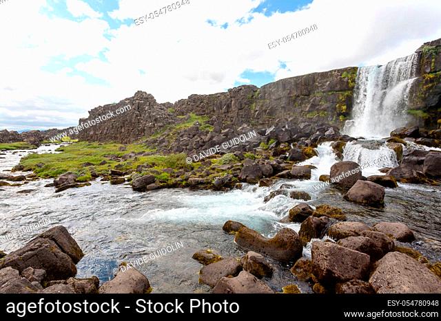 Oxararfoss waterfall summer day view, Thingvellir, Iceland. Icelandic waterfall