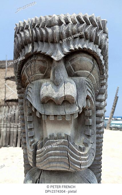 Carving of a face in City of Refuge National Historical Park; Big Island, Hawaii, United States of America